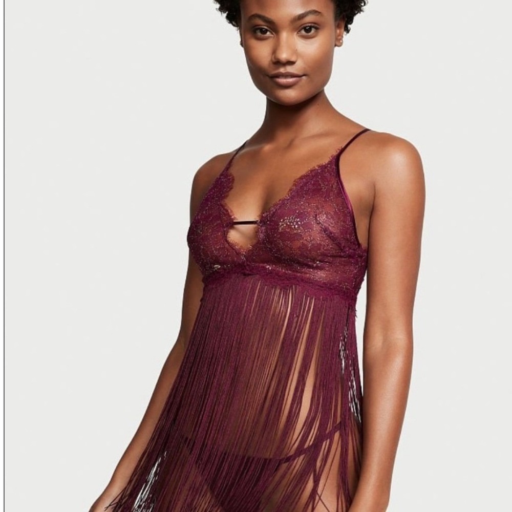 Victoria's‎ Secret Burgundy Lace W/Gold Fringed Bralette Cami Women L Glam Rave